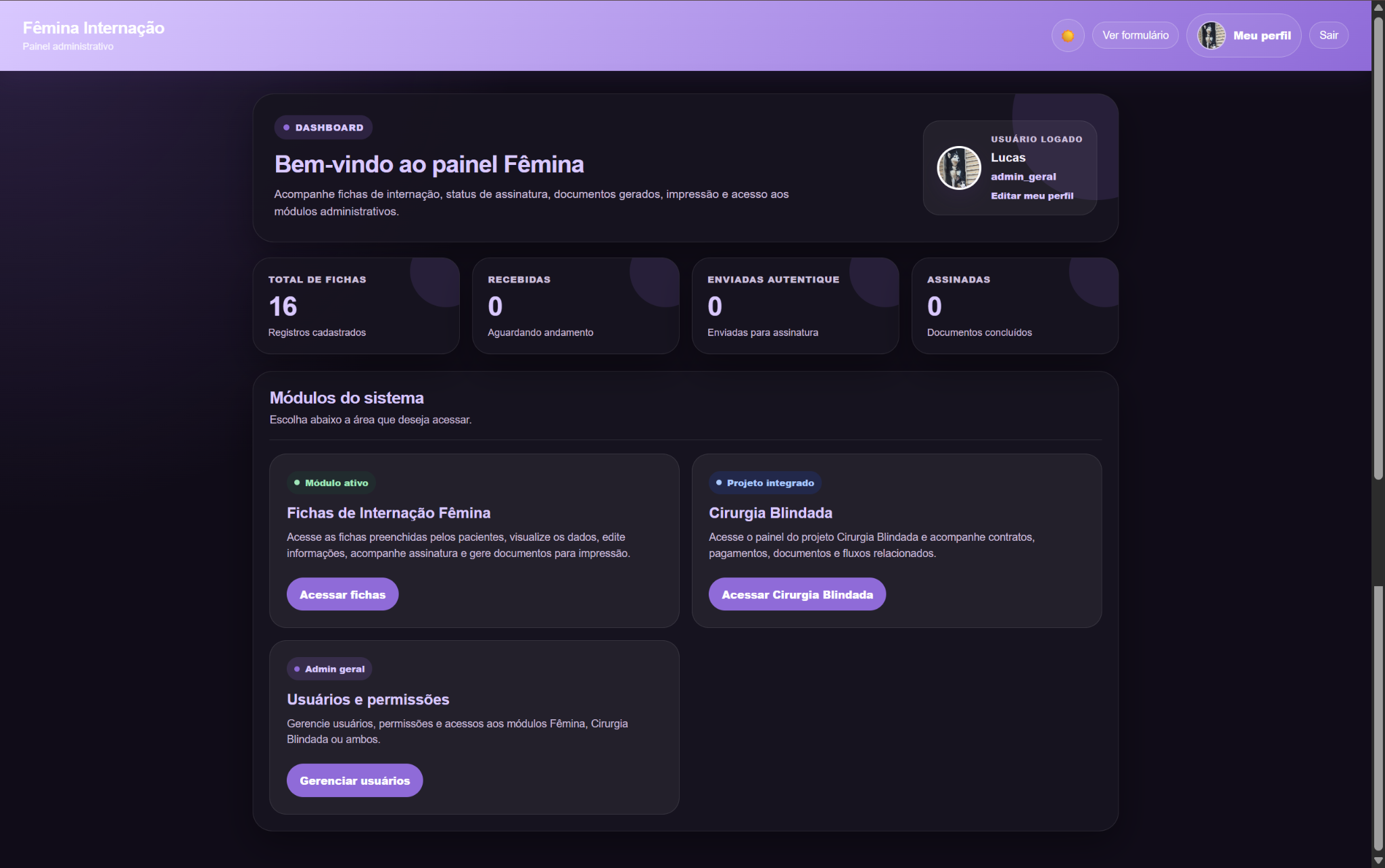 Dashboard administrativo do sistema