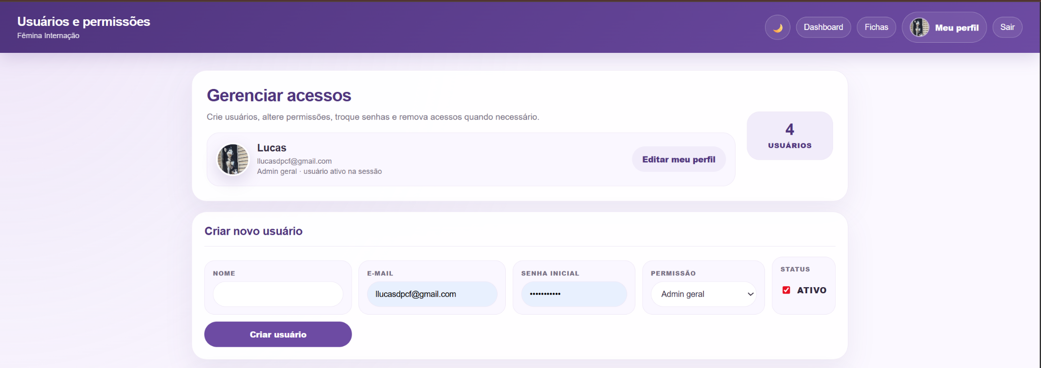Usuários e permissões do sistema